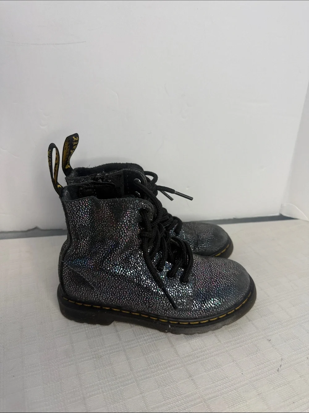 Dr. Martens Pascal Lace Up Boots Black Suede Outer Iridescent Foil Kids Girls 11